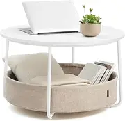 [VASAGLE] Coffee Table with Storage, Round Center Table for Living Room with Fabric Basket, Modern Style, Metal Frame, Matte White and Camel Brown ULCT244W10