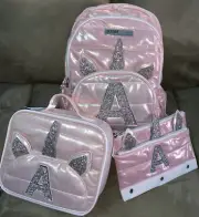JUSTICE UNICORN BACKPACK/LUNCHBOX/PENCILCASE INITIAL (A,E,L,R,S) SHIMMERING ROSE