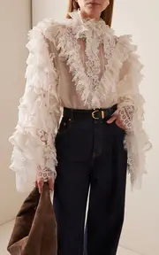 [Zimmermann] Crush Lace-Trimmed Ruffle Linen-Silk Top