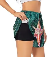 [GaxfjRu] Seawater Seashell Starfish Print Women's Running Shorts High Waisted Running Shorts Pocket Sporty Gym Elastic Short