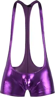 [Generic] Men's Sexy Faux Leather Wrestling Leotard Bodysuit Suspenders Backless Jockstrap One-Piece Patent Jumpsuits Underwear (Purple,Large), Purple, Large