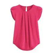 Catzon Womens Casual Round Neck Basic Pleated Top Short Sleeve Curved Keyhole Back Blouse-Rose Red