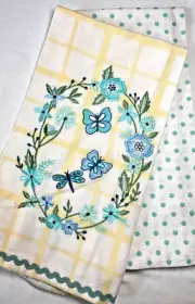 CYNTHIA ROWLEY (2) KITCHEN TOWELS BUTTERFLY DRAGONFLY YELLOW BLUE COTTON NWT