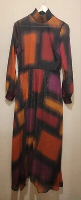 Halston Printed Chiffon-Lurex Midi Dress Black/Berry Multi Sz Sm ( Sz 4/6)