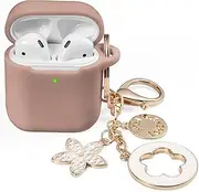 OLEBAND Case Fit for Airpod Case 1st/2nd Generation with Cute Bling Keychain,iPods Silione Cover Compatible for Apple Air pod/iPod 2 and 1 Gen Case,LED Visible,for Women and Girls,Milk Tea