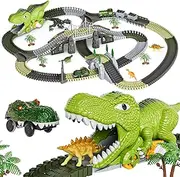 TUMAMA Dinosaur Race Track Toys,Flexible Train Tracks with 4 Dinosaurs Figures,281 Pcs Dinosaur Train 2 Electric Race Cars with Lights - Create A Dinosaur World Road Race for Kids 3 4 5 6+ Years