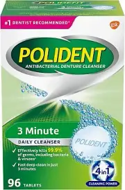 Polident 3 Minute Daily Denture Cleaner, Triple Mint Fresh, 96 Tablets