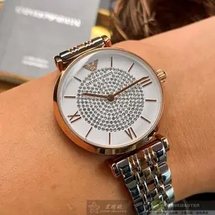 ARMANI 阿曼尼女錶 32mm 玫瑰金圓形精鋼錶殼 白色滿天星錶面款 AR00017