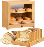 Bread Box with Bread Slicer, Bamboo Bread Box for Kitchen Countertop, Double Lay