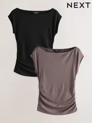 Black/Mink Short Sleeve Ruched Detail Jersey T-Shirt (W26585) | $86