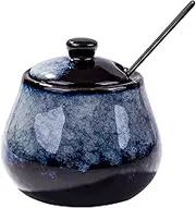 BOSILI Ceramic Sugar Bowls for Sugar Seasoning, Sugar Bowl with Lid and Stainless Steel Spoon for Home and Kitchen(Blue-Gray)