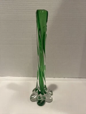 Vintage Glass Elephant Foot Green Cased Glass Bud Vase 11.25”