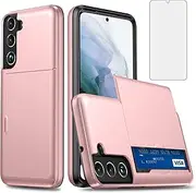 [Asuwish] Phone Case for Samsung Galaxy S21 Glaxay S 21 5G 6.2 inch with Tempered Glass Screen Protector and Credit Card Holder Wallet Cover Hard Hybrid Cell Accessories Gaxaly 21S G5 Women Men RoseGold