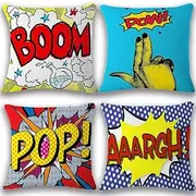 JOTOM Soft Cotton Linen Throw Pillow Case Cover Home Decorative Square Cushion Cover18'' x 18'' Set of 4 (Boom POP)