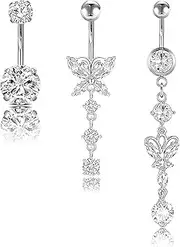 [Lubgitsr] 14g Dangle Belly Button Ring, 3pcs Stainless Steel Rings Set, Zircon Belly Ring For Women, Navel Bars Piercing Jewellery, 23mm, 30mm, 48mm, 23mm, 30mm, 48mm, Stainless Steel, Zirkonia