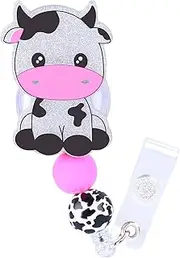 Dimeho 1 Pack Badge Holder Retractable Clip Cute Funny Cow Badge Reel Holder with Clip Badge Clip ID Card Holders Office Student Hospital Women (Pink)