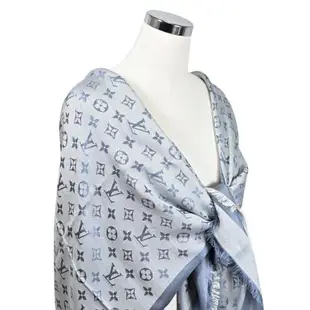 Louis Vuitton LV M71382 Monogram Denim 經典花紋羊毛絲綢披肩圍巾.軍藍