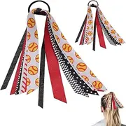 YKW 5 Pack Softball Hair Ties Ribbon Ponytail Holder for Girls - Sports Team Accessories with Baseball Stitching Pattern Scrunchies, Streamers Hair Bows Gift Set for Players, Fans, Mom (Softball)