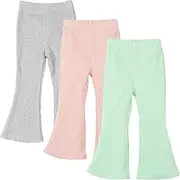 [Miipat] Toddler Girl Flare Pants 3 Pack Ruffle Ribbed Baby Bell Bottoms Slub Cotton Solid Elastic Waist Trousers