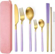 AARAINBOW 8 Pieces Stainless Steel Flatware Set Portable Reusable Cutlery Set Travel Utensils Set Including Chopsticks Knife Fork Spoon Straws Cleaning Brush Dishwasher Safe (Purple golden)