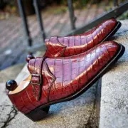 Classic Red Crocodile/Alligator Leather Monk Strap Dress Shoes Handmade