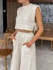 Spring Summer Women Holiday Linen Pant Set Crop Tops Solid Outfits 2 Two Piece