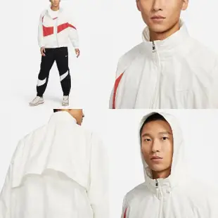 【NIKE 耐吉】外套 Swoosh Jacket 男款 米白 紅 防潑水 寬鬆 大勾勾 可收連帽 風衣 夾克(FB7878-133)