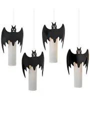 Everlasting Glow Set of 4 Battery Operated Candles Wrapped By Black Metal Bats Appear To Be Hanging Mid-Air