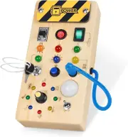 Montessori Toddler Busy Board, Baby Wooden Busy Board with 8 LED Light Switches,