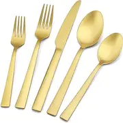 40-Piece Matte Gold Silverware Set, E-far Stainless Steel Flatware Set Service for 8, Metal Cutlery Eating Utensils Tableware Includes Forks/Spoons/Knives, Square Edge & Dishwasher Safe
