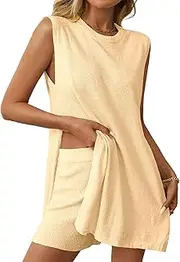 [Bgylu] Women's Summer Sweater Sets Sleeveless Knit Tunic Top Matching Shorts Beach Vacation 2 Piece Outfits