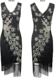 SWEETV 1920s Vintage Peacock Flapper Dress Sequin Fringed Gatsby Size Large NWT