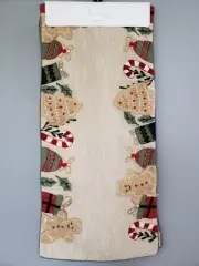 NEW Christmas Table Runner Burlap Rustic Gingerbread Men Embroidery Beaded