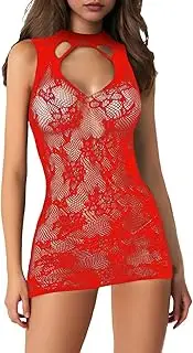 [Generic] Women's Fishnet Mini Dress Sexy Sheer Mesh Lingerie Transparent Lace Nightgown Sleeveless Underwear Skirt Bodysuit