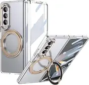 Cellphone Flip Case Compatible with Samsung Galaxy Z Fold 3 Case with Screen Protector, 360°Rotatable Ring Kickstand, Military Grade Shockproof Translucent Protective Case, Crystal Clear Protective Ca