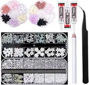 TONOKAILS Nail Rhinestones Set with Glue Clear, Nail Crystal Nail Art Gems Nail Crystals Clear Rhinestones Mix Sizes Crystal Rhinestones + 1 Pcs Rhinestone Picker Dotting Pen + 1 Pick Up Tweezer