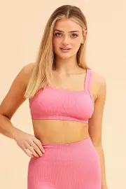 Pink Nico Seamless Rib Straight Neck Crop Top - Size M, Women's Bra/crop Top