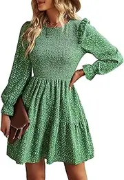 [KIRUNDO] Women's Fall Floral Print Ruffle Long Sleeve Mini Dress Crewneck Smocked High Waist A Line Short Dresses