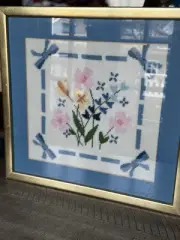 Vintage Framed Cross Stitch Embroidery Floral Design