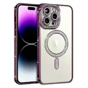For Apple iPhone 15 Pro Max Case, MagSafe Magnetic Diamond Rhinestone Glitter Cute Crystal Bling Full Camera Lens Protector Shockproof Cover – Purple