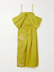 [Erdem] Erdem - Evora Draped Taffeta And Embroidered Cotton-faille Dress - Chartreuse - UK 6 UK 6 Yellow