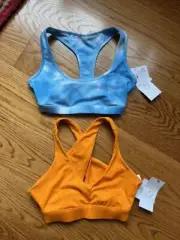 justfab Active Sports Bras Size XS, Orange & Blue / White Tie Dye, NEW, Set of 2