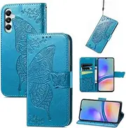 SATURCASE Case for Samsung Galaxy A05S, Butterfly Flower PU Leather Flip Magnet Wallet Stand Card Slots Hand Strap Protective Cover for Samsung Galaxy A05S (HF-Blue)