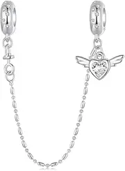 [Teleye] Heart Wing Safety Chain Charm 925 Sterling Silver Charm Fits For Pandora Bracelet Necklace,BSC1047, Cubic Zirconia, Created Cubic Zirconia