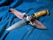 Custom Handmade Bowie Knife, Deer Antler Handle, Hamon Line with Leather Sheath