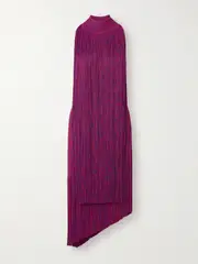 [Burberry] Burberry - Fringed Jacquard-knit Turtleneck Midi Dress - Purple - small small Purple