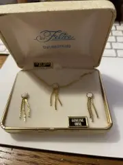 Vintage Felice 12K Yellow Gold Filled Opal Pendant Earrings Set 15" New NOS