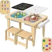 Sensory Table with 2 Chairs, Upgraded Play Sand Kids Table for Toddlers 1-3, Sensory Activity Desk with 2 Montessori Busy Boards, Writable Lids, 2 Foldable Storage Bins and Paper Roller