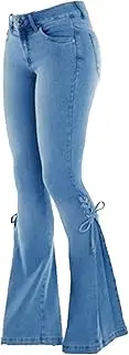 [Generic] Women Lace Up Bell Bottom Jeans Mid Waisted Wide Leg Bootcut Denim Pants Skinny Stretch Slim Jean Pants