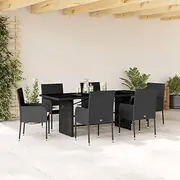 7 Piece Garden Dining Set with Cushions Black Poly Rattan Patio Bar Sets